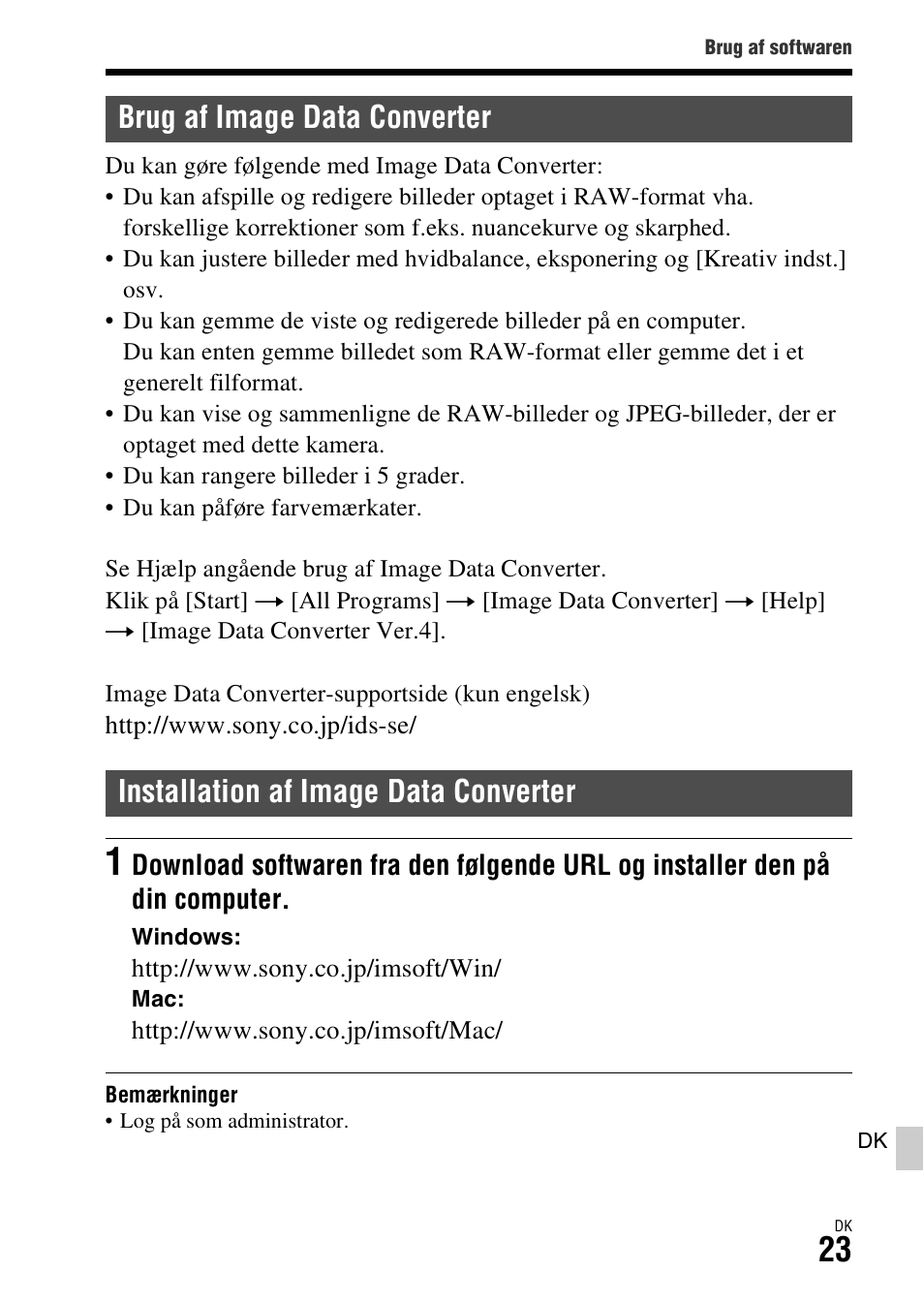 Brug af image data converter, Installation af image data converter | Sony ILCA-77M2 User Manual | Page 671 / 675