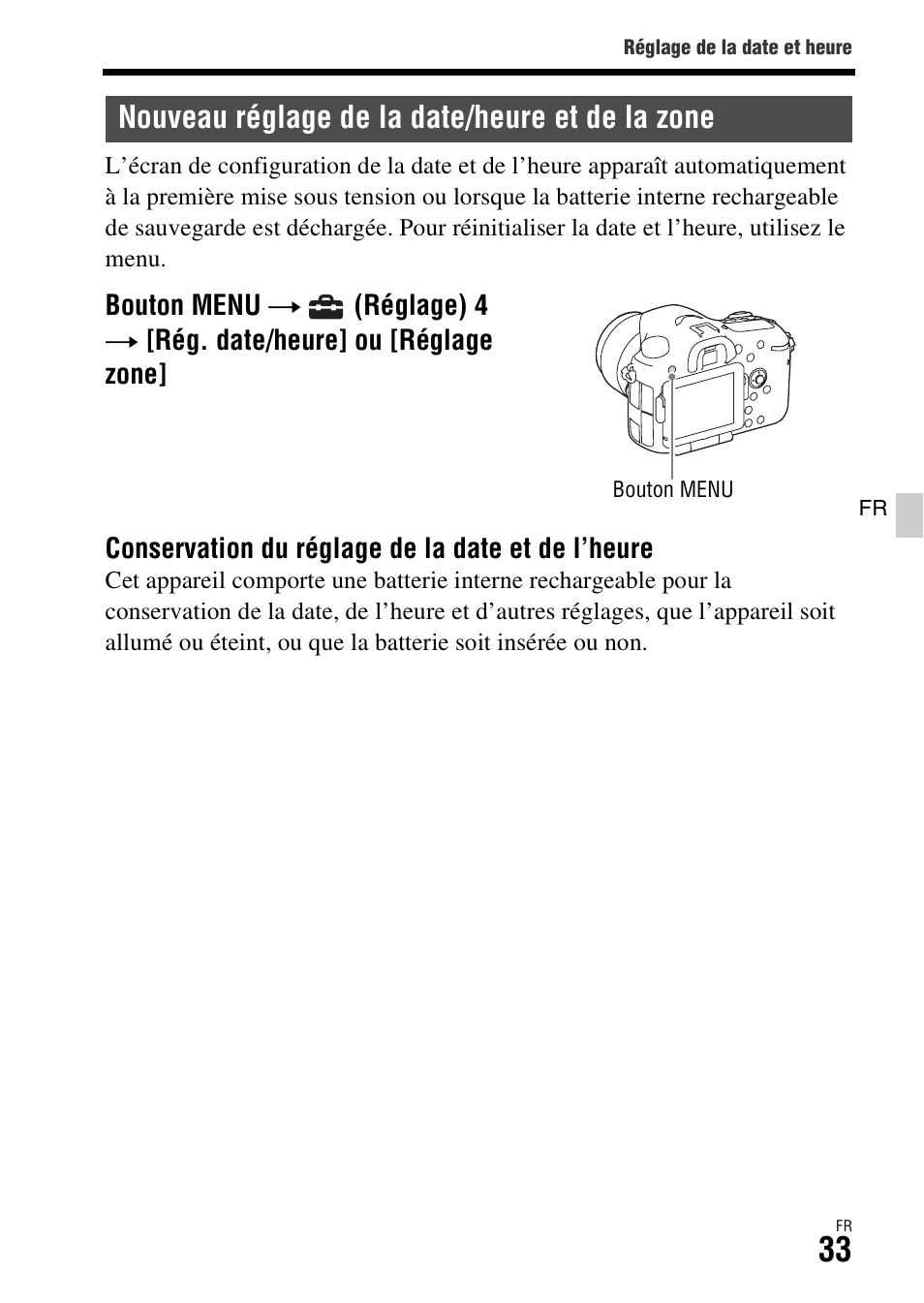 Nouveau réglage de la date/heure et de la zone | Sony ILCA-77M2 User Manual | Page 85 / 675