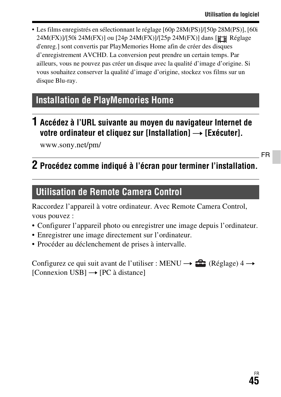 Installation de playmemories home, Utilisation de remote camera control | Sony ILCA-77M2 User Manual | Page 97 / 675