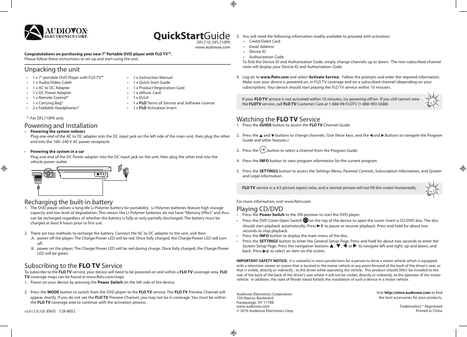 Audiovox FLO TV 128-8852 User Manual | 1 page