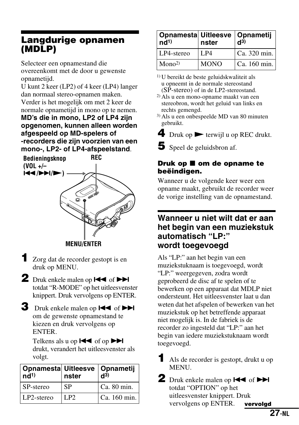 Langdurige opnamen (mdlp), Automatisch “lp:” wordt toegevoegd | Sony MZ-S1 User Manual | Page 101 / 220