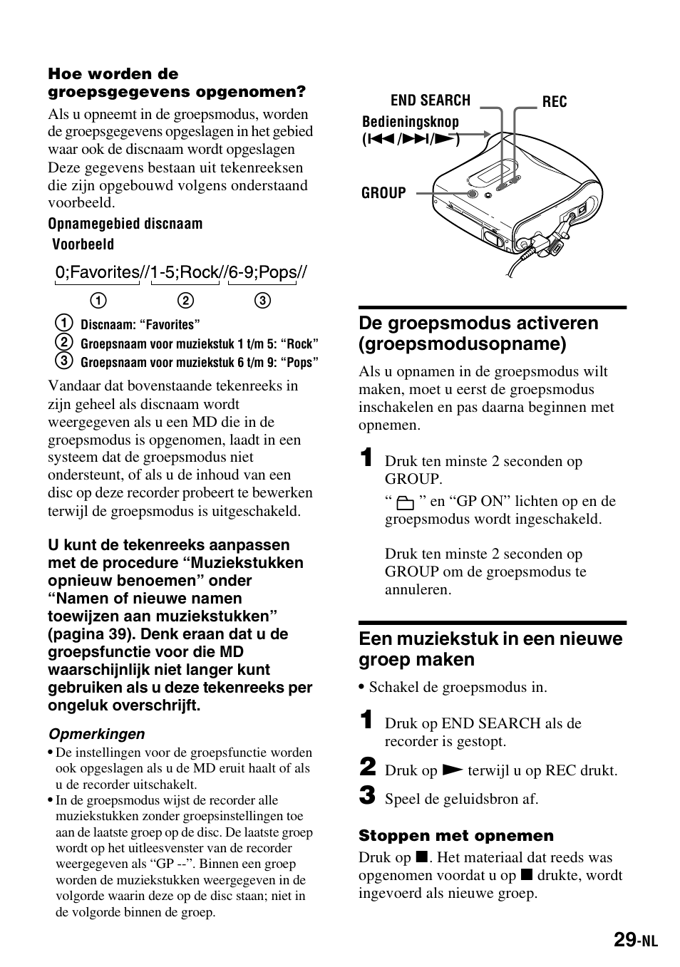 De groepsmodus activeren (groepsmodusopname), Een muziekstuk in een nieuwe groep maken | Sony MZ-S1 User Manual | Page 103 / 220