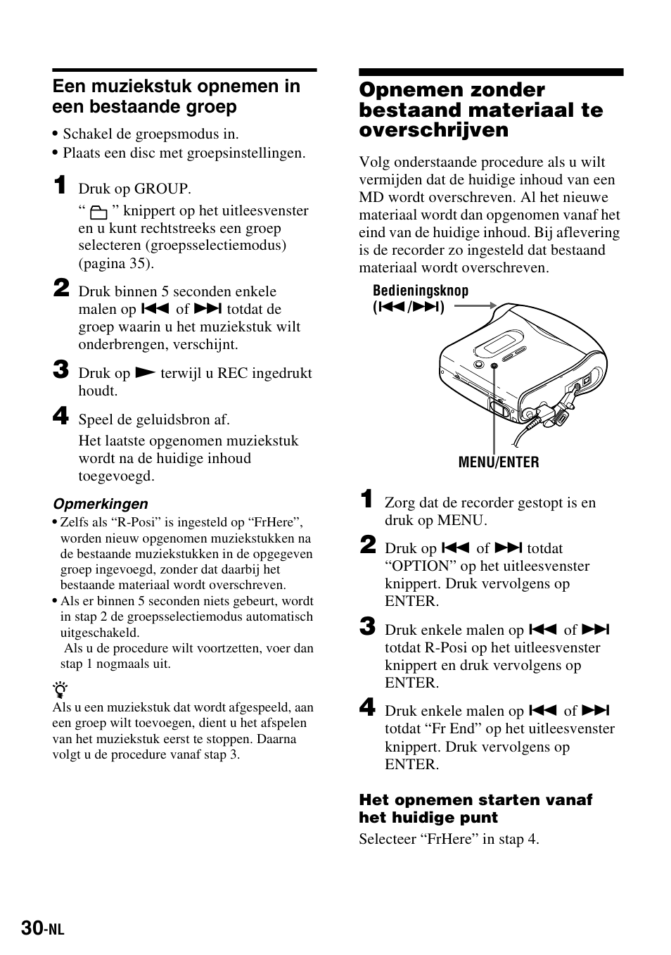Een muziekstuk opnemen in een bestaande groep, Opnemen zonder bestaand materiaal te overschrijven | Sony MZ-S1 User Manual | Page 104 / 220