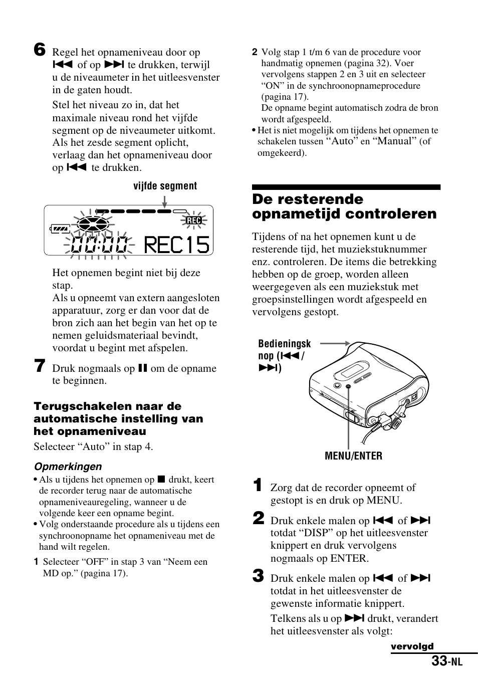 De resterende opnametijd controleren, Rec15 | Sony MZ-S1 User Manual | Page 107 / 220