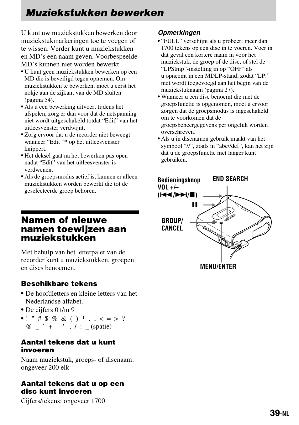 Muziekstukken bewerken, Namen of nieuwe namen toewijzen aan muziekstukken | Sony MZ-S1 User Manual | Page 113 / 220