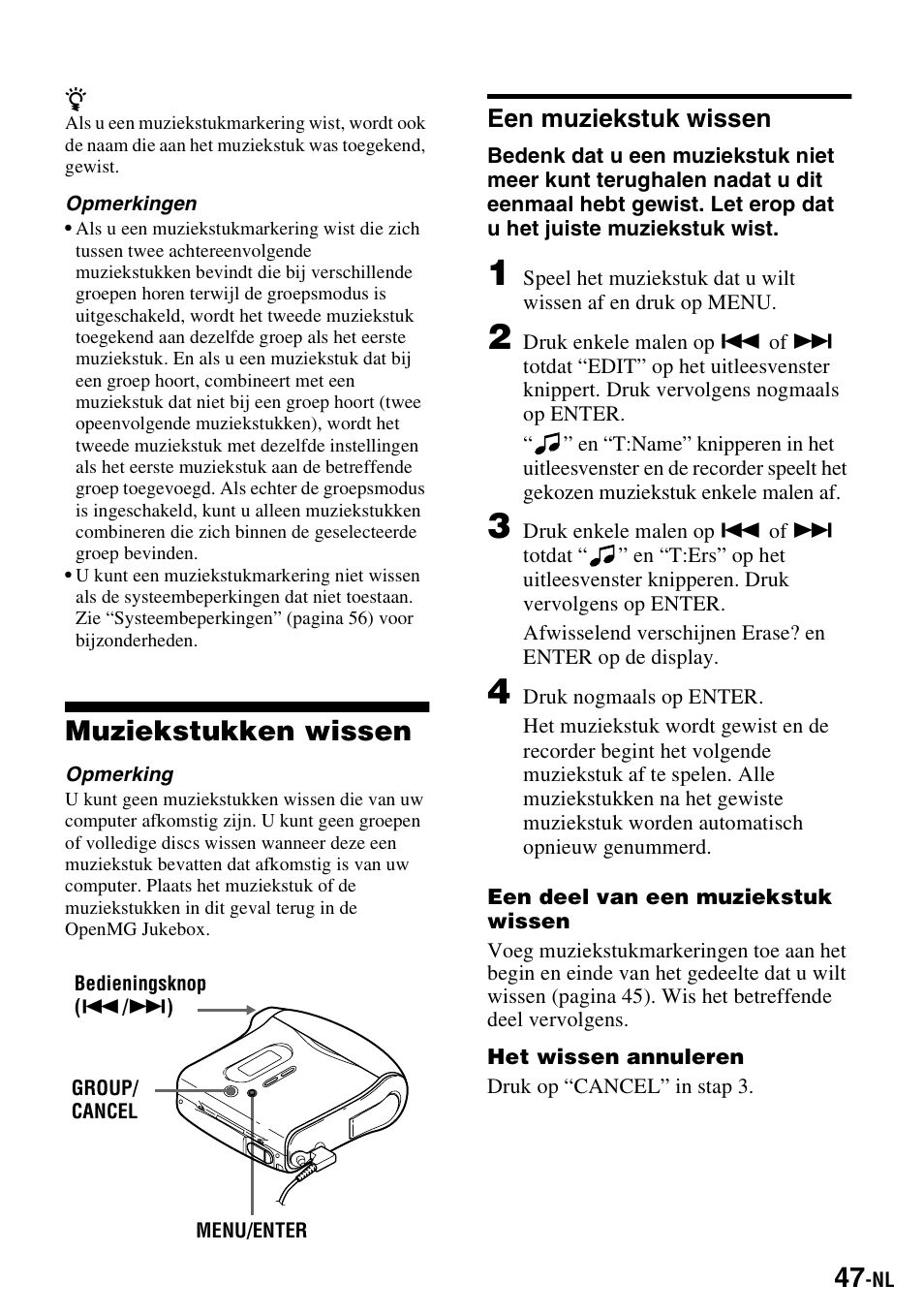 Muziekstukken wissen, Een muziekstuk wissen | Sony MZ-S1 User Manual | Page 121 / 220
