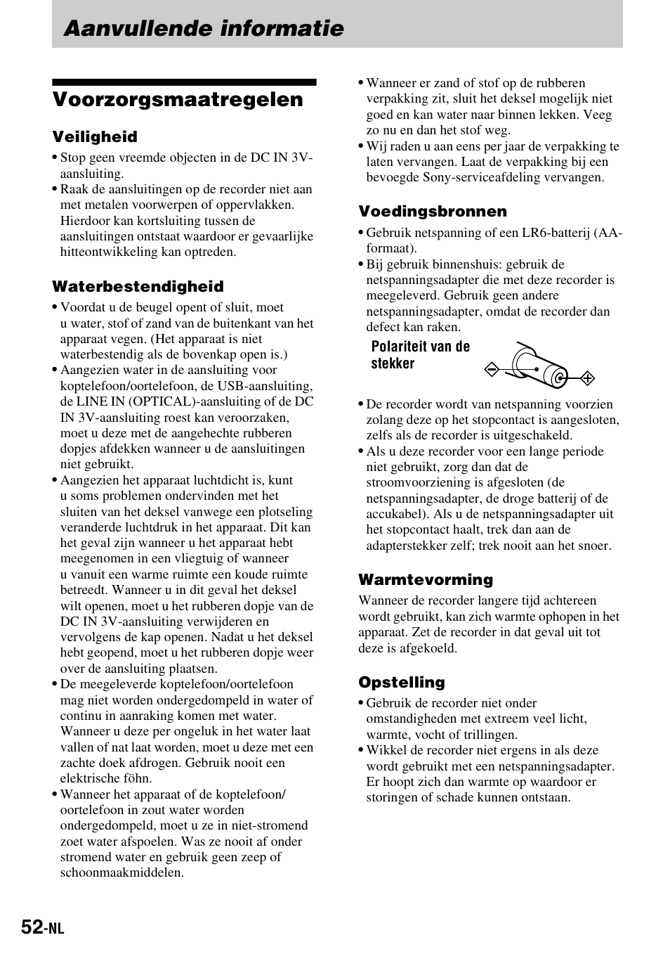 Aanvullende informatie, Voorzorgsmaatregelen | Sony MZ-S1 User Manual | Page 126 / 220