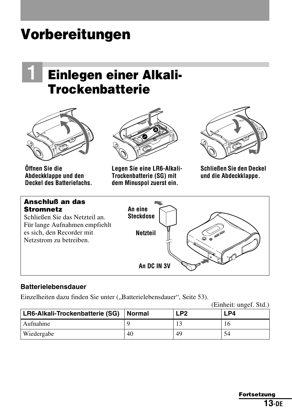 Vorbereitungen, Einlegen einer alkali- trockenbatterie | Sony MZ-S1 User Manual | Page 13 / 220