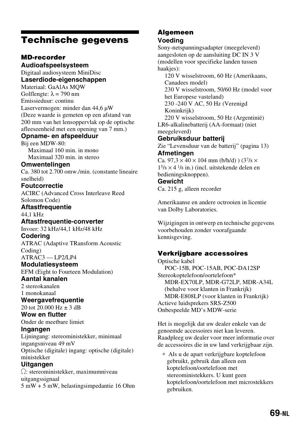 Technische gegevens | Sony MZ-S1 User Manual | Page 143 / 220