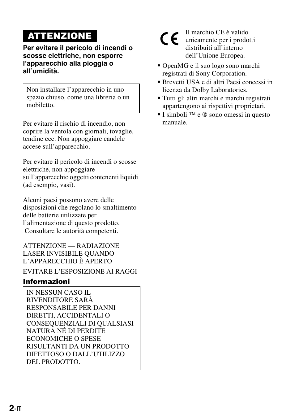 Attenzione | Sony MZ-S1 User Manual | Page 148 / 220