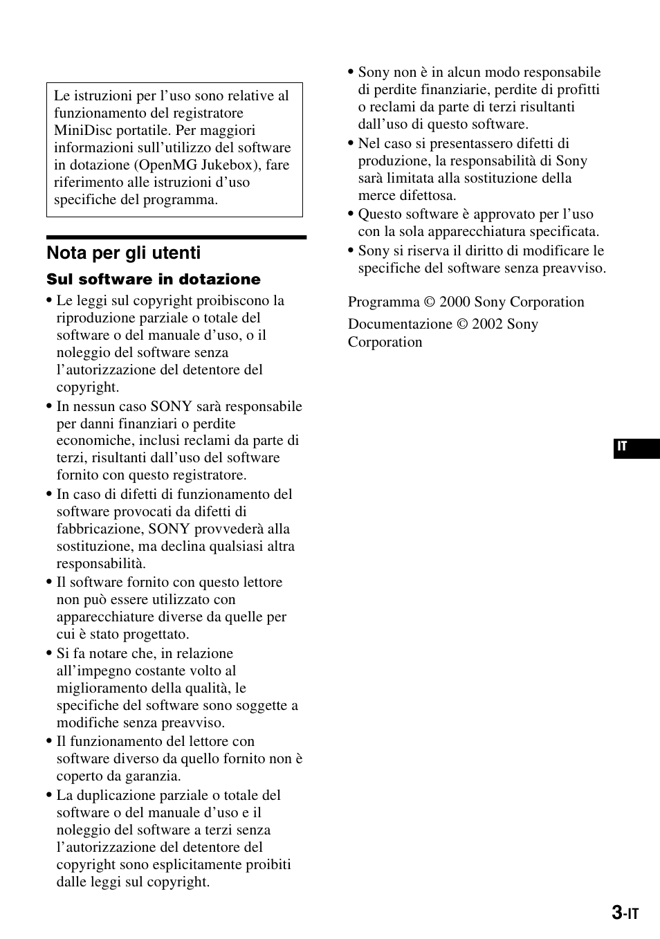 Nota per gli utenti | Sony MZ-S1 User Manual | Page 149 / 220