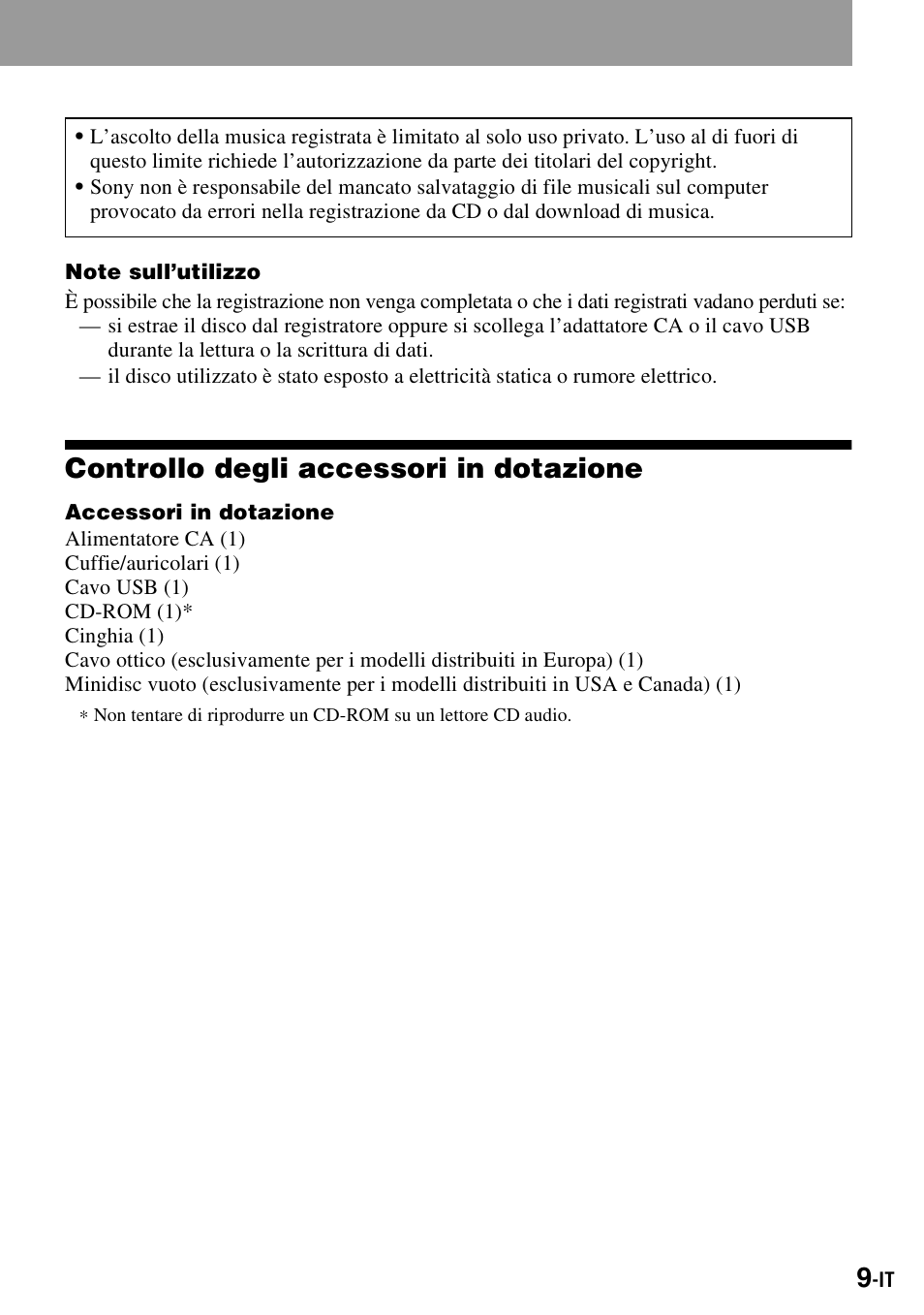 Controllo degli accessori in dotazione | Sony MZ-S1 User Manual | Page 155 / 220