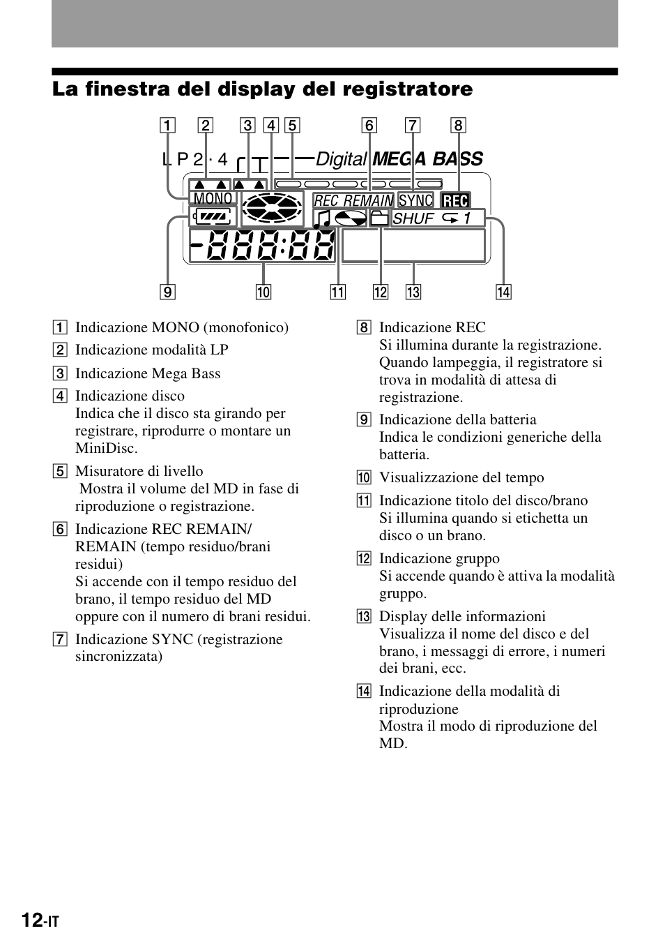 La finestra del display del registratore, Digital mega bass, L p 2 . 4 | Sony MZ-S1 User Manual | Page 158 / 220