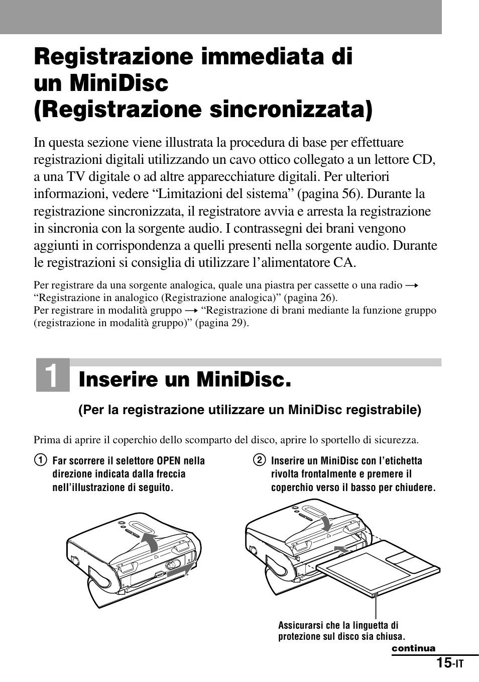 Inserire un minidisc | Sony MZ-S1 User Manual | Page 161 / 220