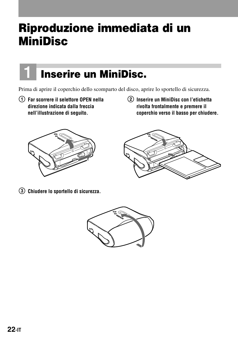 Riproduzione immediata di un minidisc, Inserire un minidisc | Sony MZ-S1 User Manual | Page 168 / 220