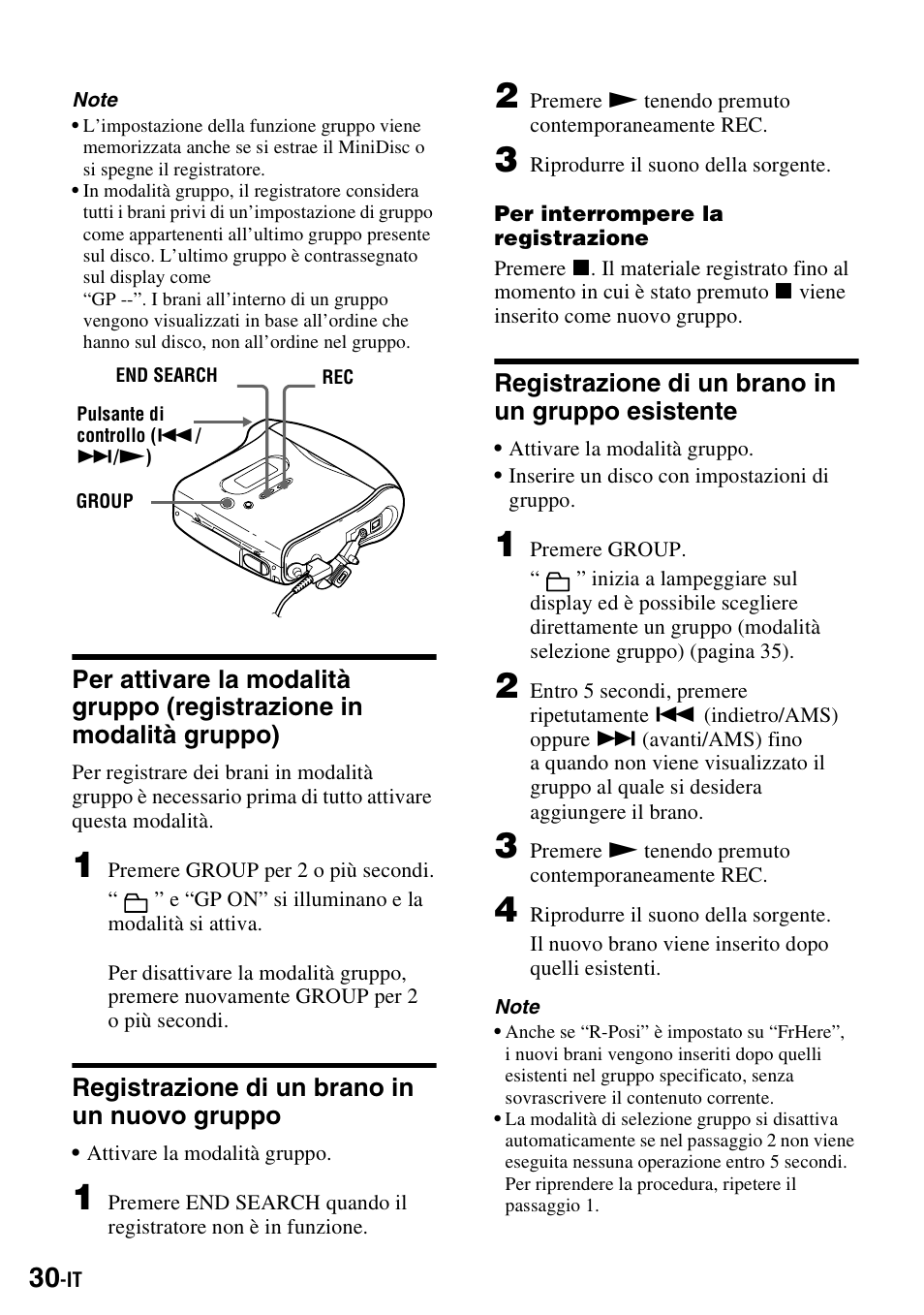 Registrazione di un brano in un nuovo gruppo, Registrazione di un brano in un gruppo esistente, Gruppo) | Sony MZ-S1 User Manual | Page 176 / 220