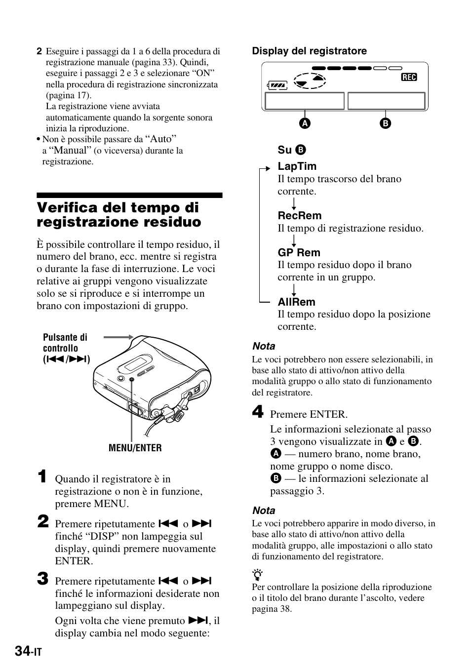 Verifica del tempo di registrazione residuo | Sony MZ-S1 User Manual | Page 180 / 220