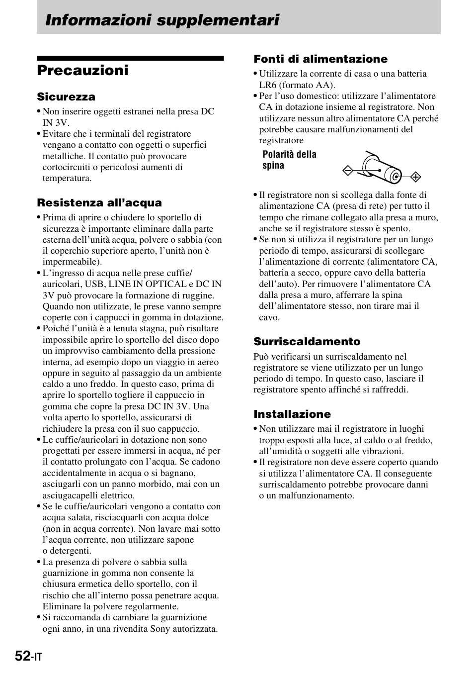 Informazioni supplementari, Precauzioni | Sony MZ-S1 User Manual | Page 198 / 220