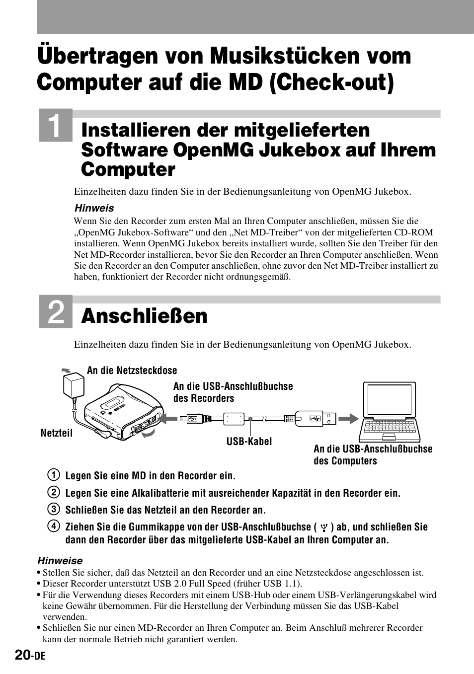 Anschließen | Sony MZ-S1 User Manual | Page 20 / 220