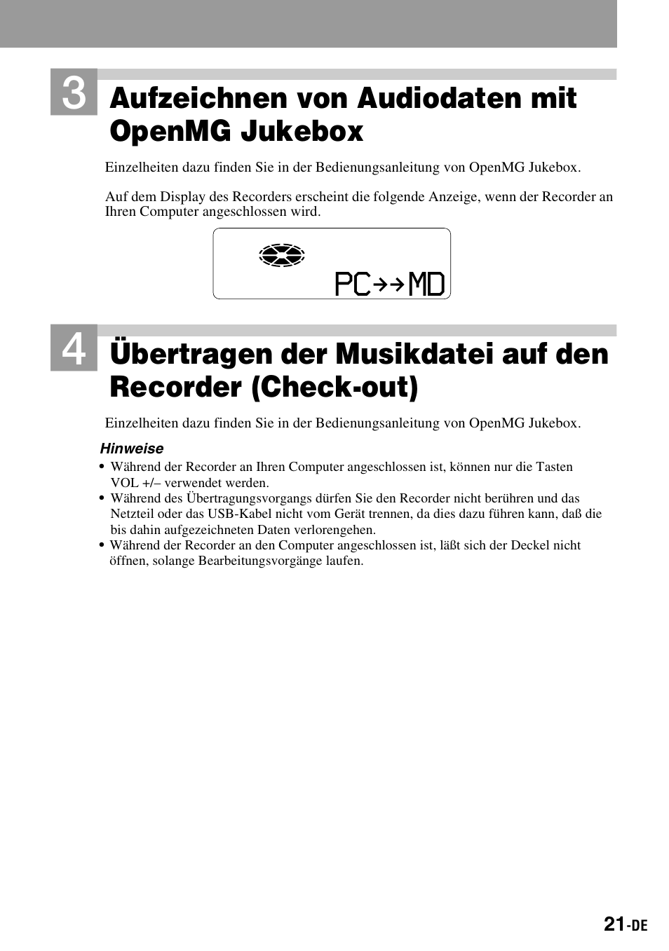 Pc md, Aufzeichnen von audiodaten mit openmg jukebox | Sony MZ-S1 User Manual | Page 21 / 220