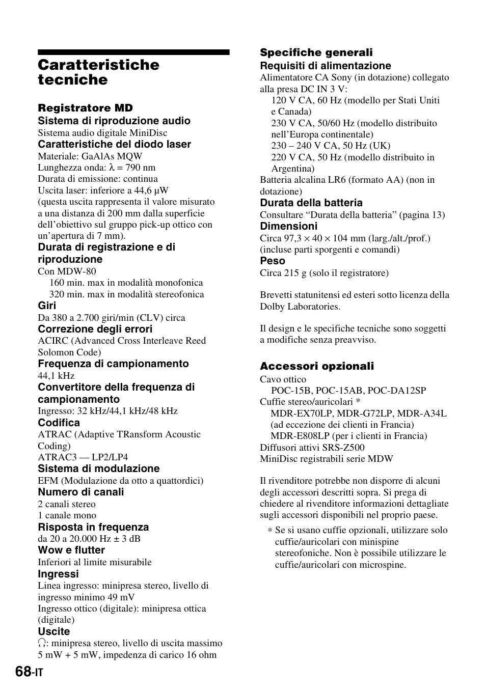 Caratteristiche tecniche | Sony MZ-S1 User Manual | Page 214 / 220