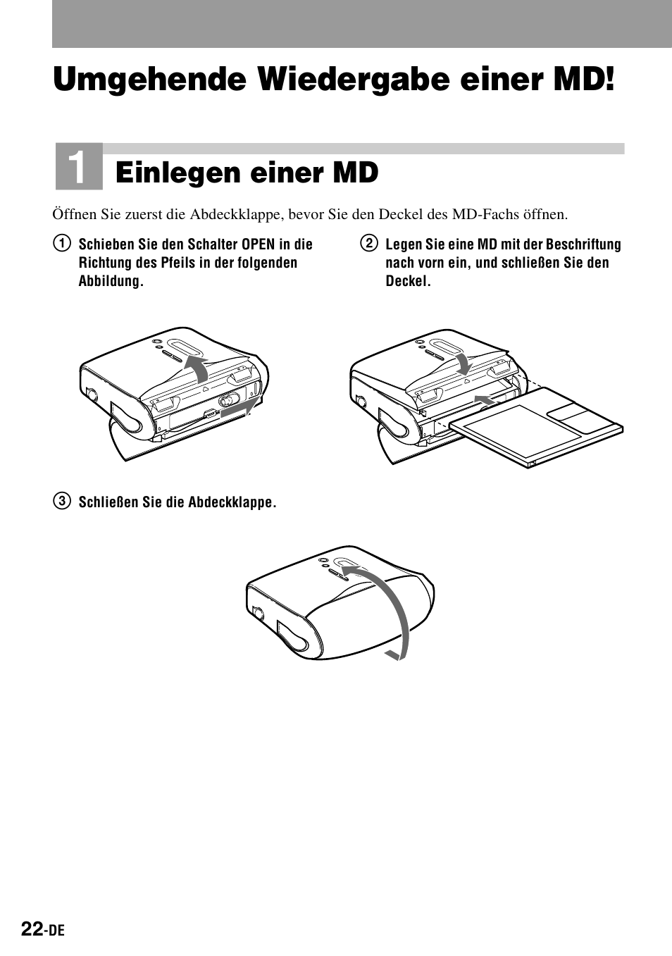 Umgehende wiedergabe einer md, Einlegen einer md | Sony MZ-S1 User Manual | Page 22 / 220