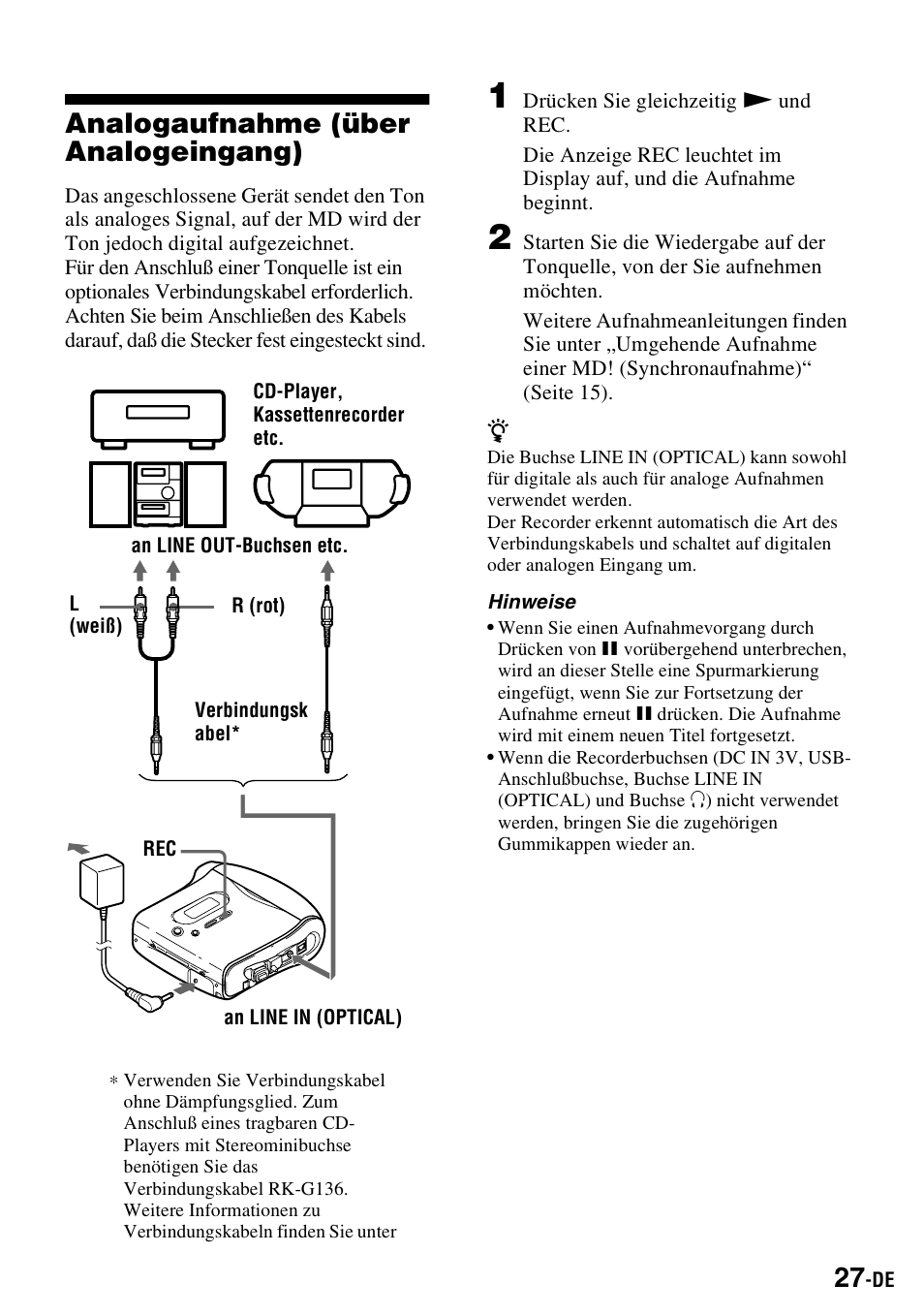 Analogaufnahme (über analogeingang), Analogaufnahme (über analogeingang)“ (seite 27), Ker) (seite 27) | Sony MZ-S1 User Manual | Page 27 / 220