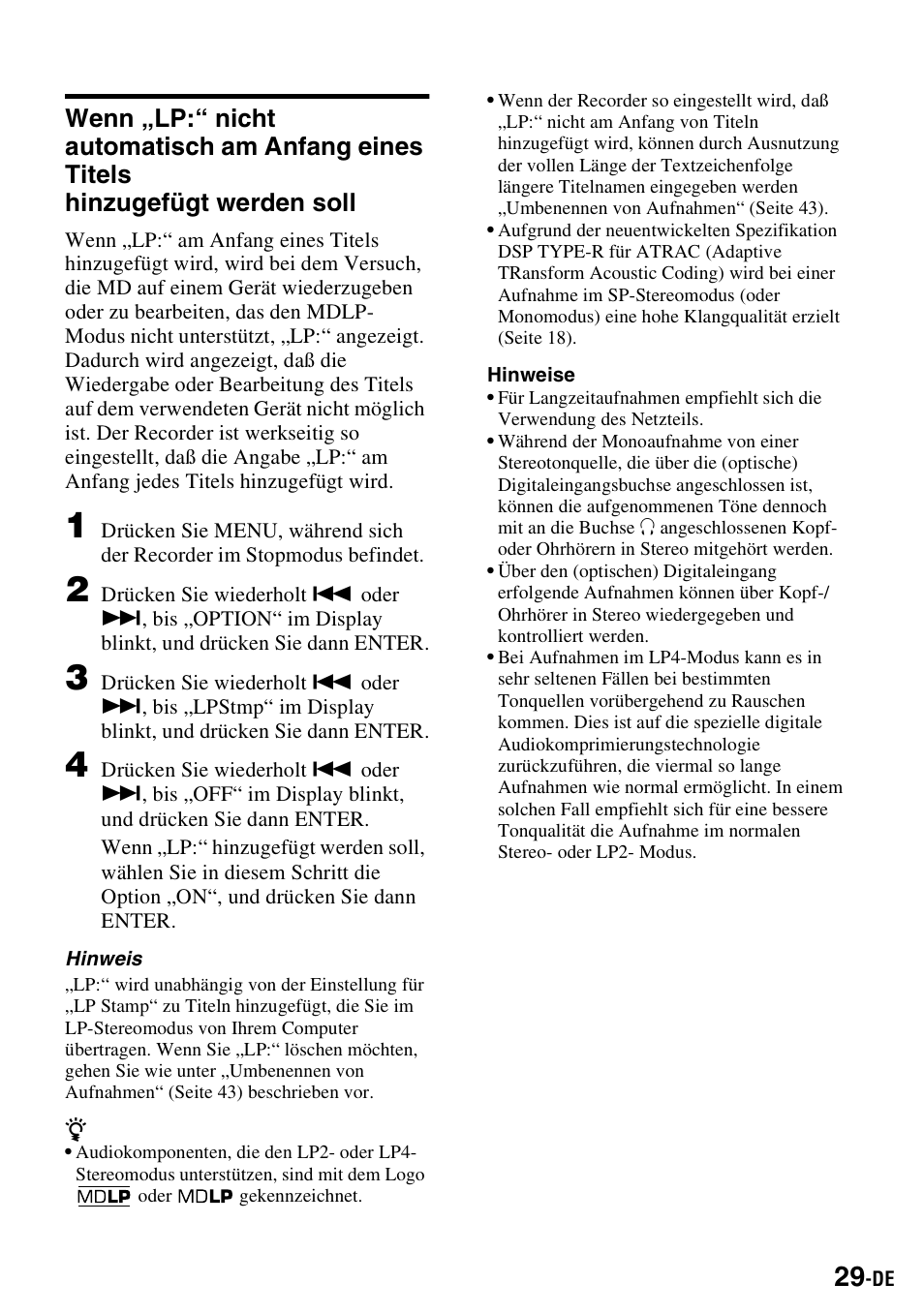 Hinzugefügt werden soll | Sony MZ-S1 User Manual | Page 29 / 220