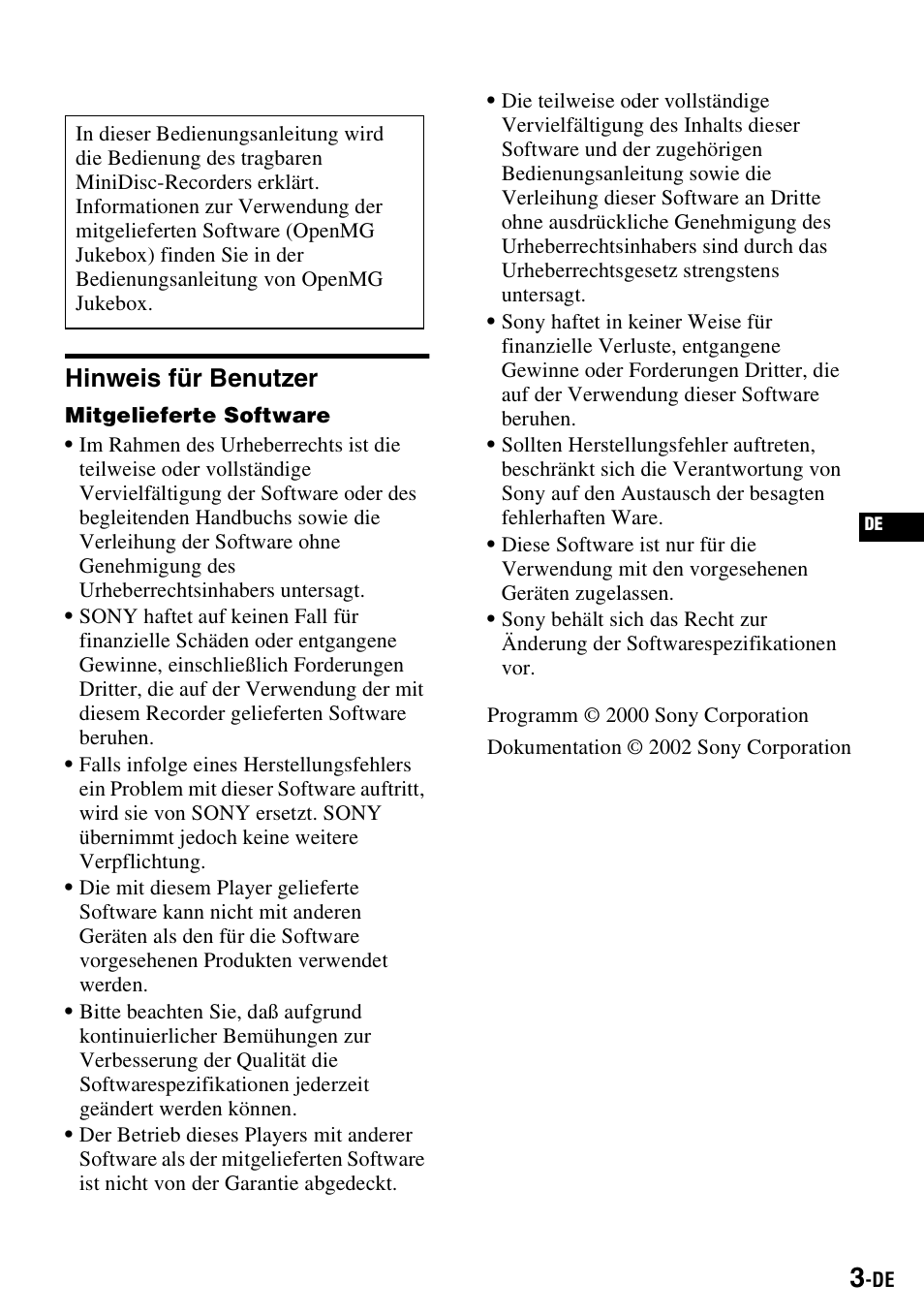 Hinweis für benutzer | Sony MZ-S1 User Manual | Page 3 / 220
