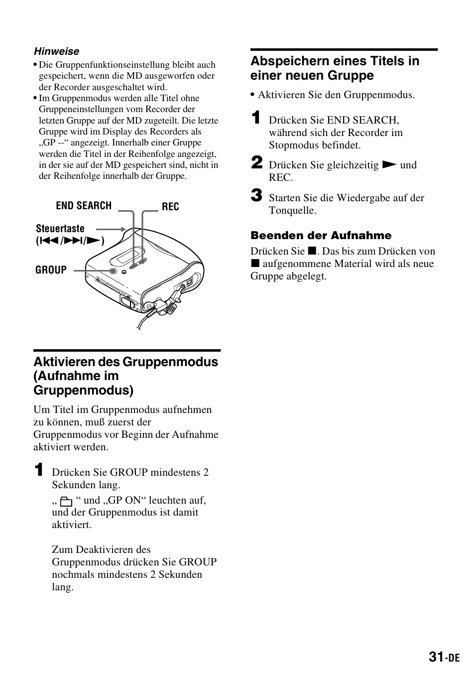Abspeichern eines titels in einer neuen gruppe | Sony MZ-S1 User Manual | Page 31 / 220