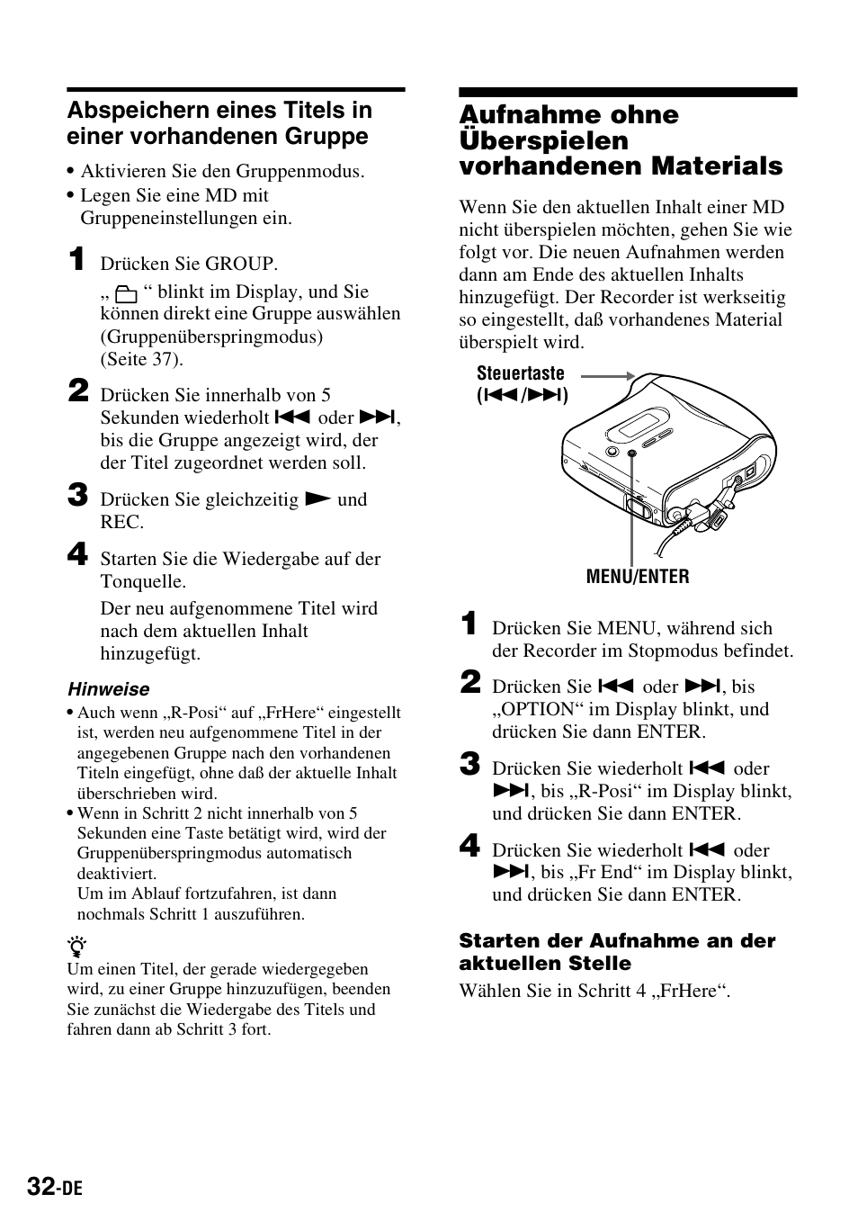 Aufnahme ohne überspielen vorhandenen materials | Sony MZ-S1 User Manual | Page 32 / 220