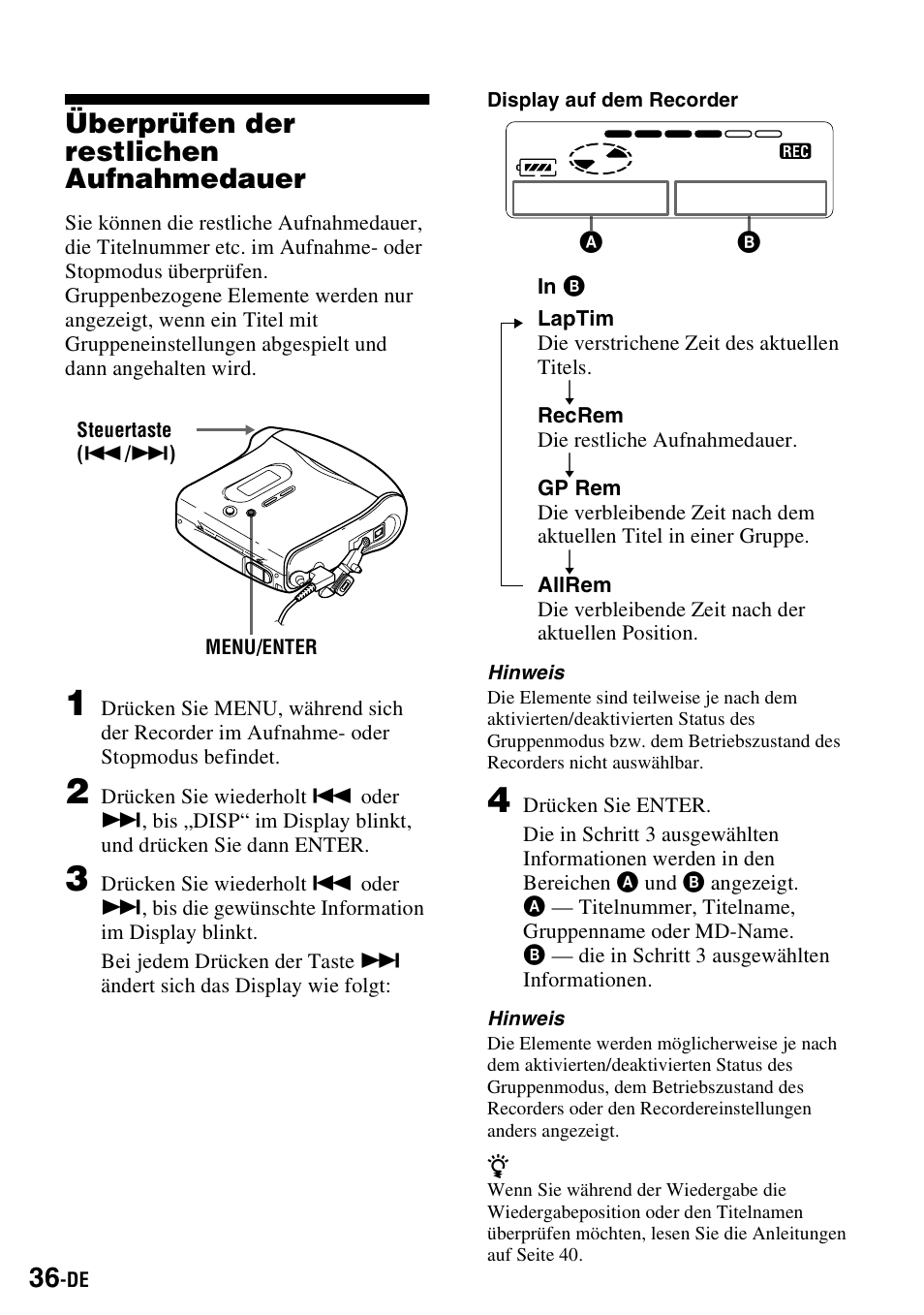 Überprüfen der restlichen aufnahmedauer | Sony MZ-S1 User Manual | Page 36 / 220
