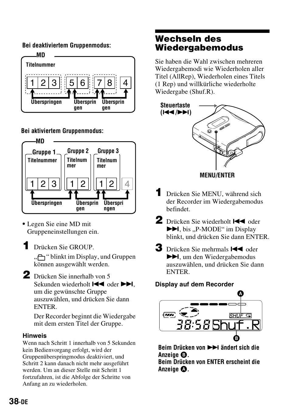 Wechseln des wiedergabemodus, Shuf.r | Sony MZ-S1 User Manual | Page 38 / 220