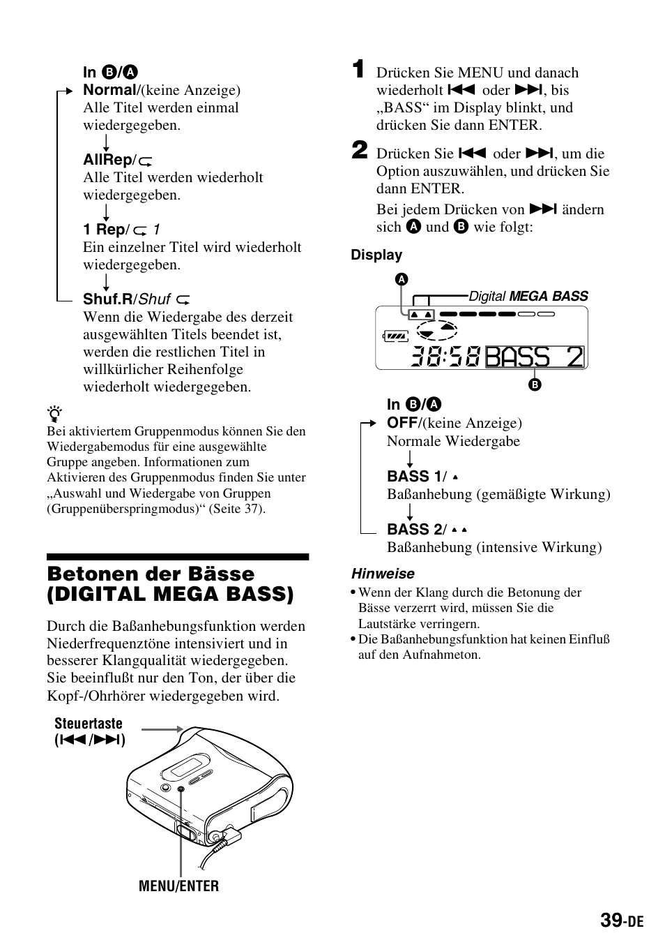 Betonen der bässe (digital mega bass), Bass 2 | Sony MZ-S1 User Manual | Page 39 / 220