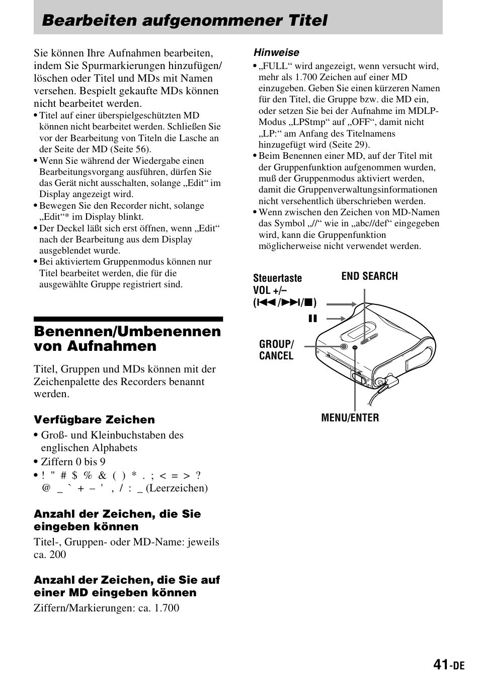 Bearbeiten aufgenommener titel, Benennen/umbenennen von aufnahmen | Sony MZ-S1 User Manual | Page 41 / 220