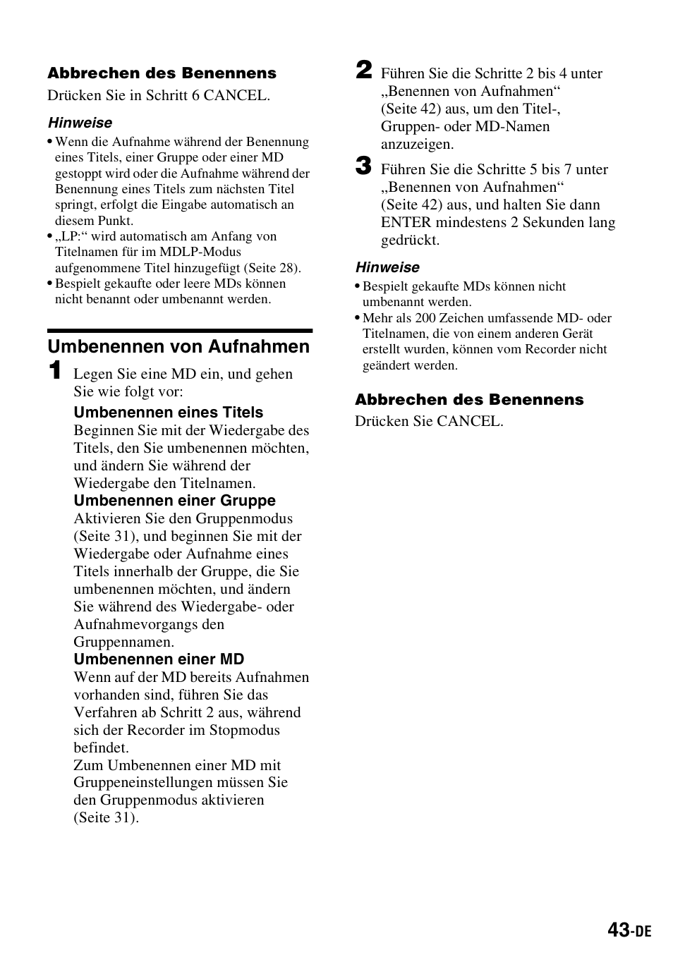 Umbenennen von aufnahmen | Sony MZ-S1 User Manual | Page 43 / 220