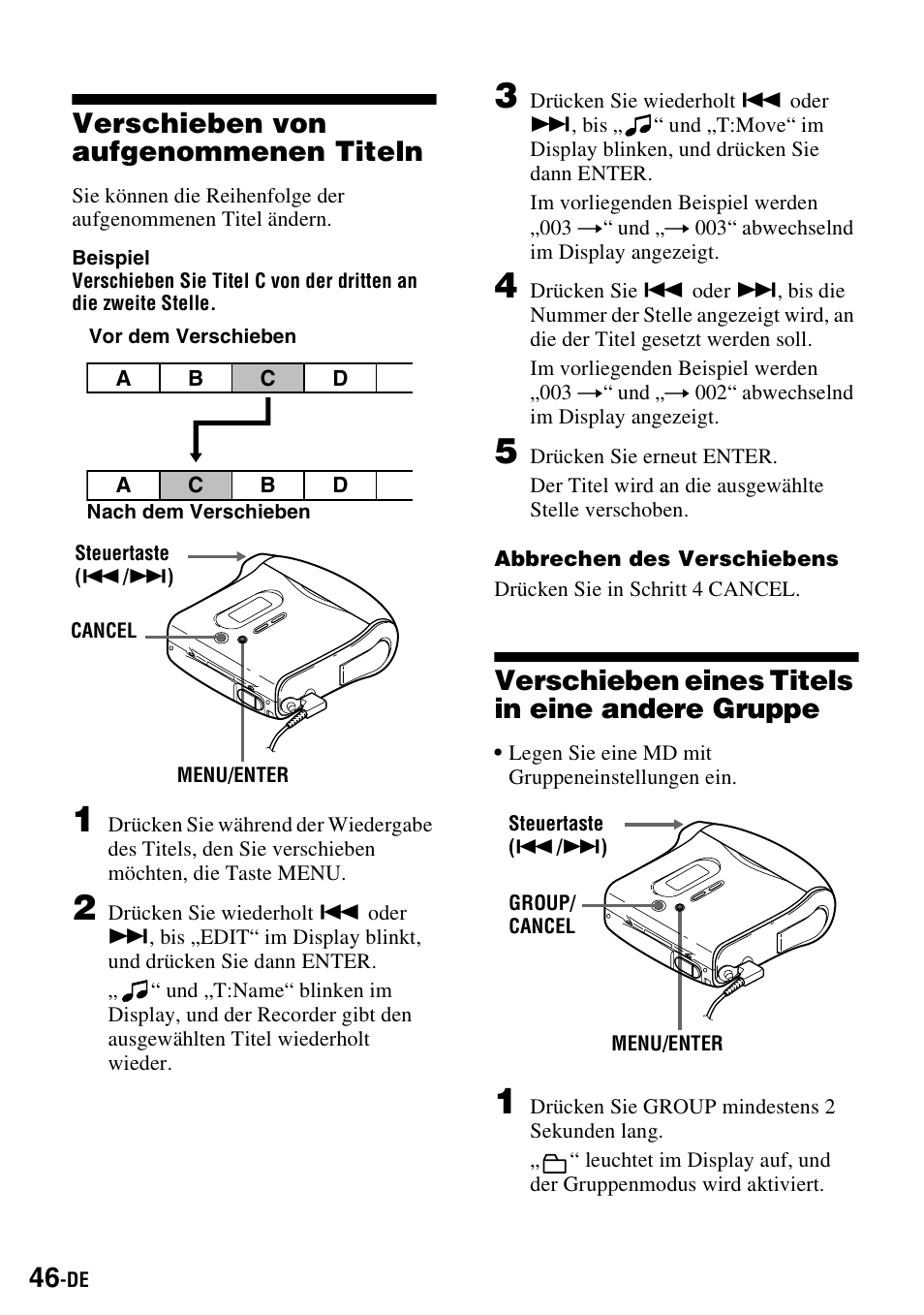 Verschieben von aufgenommenen titeln, Verschieben eines titels in eine andere gruppe | Sony MZ-S1 User Manual | Page 46 / 220