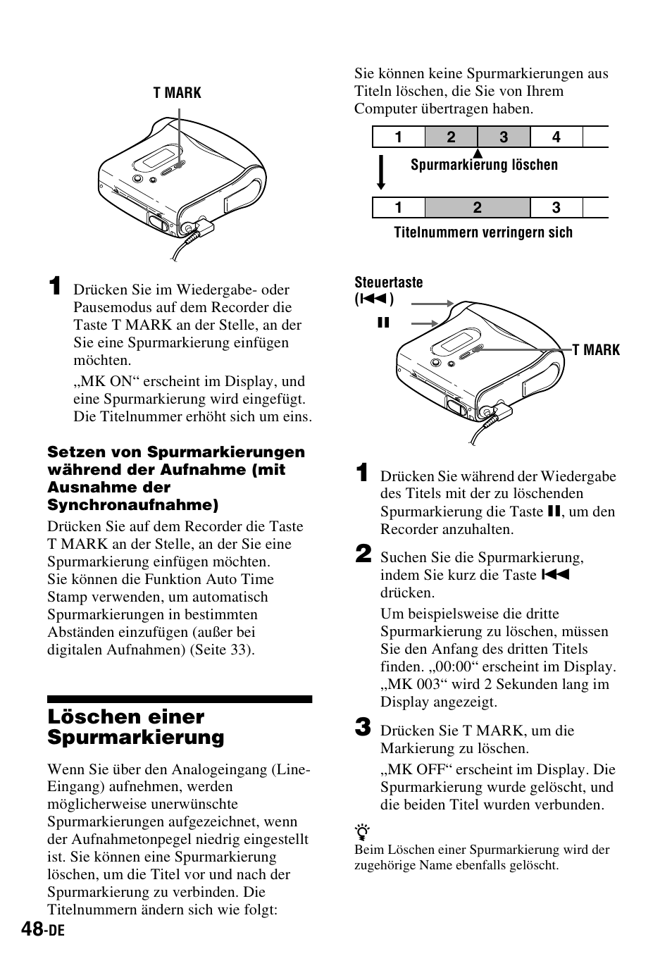 Löschen einer spurmarkierung, Schen („löschen einer spurmarkierung“, seite 48) | Sony MZ-S1 User Manual | Page 48 / 220