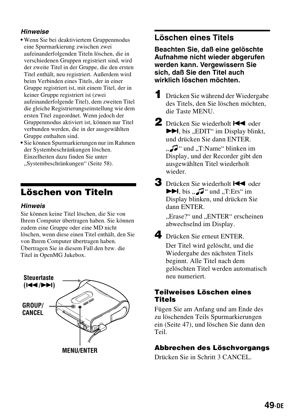 Löschen von titeln, Löschen eines titels | Sony MZ-S1 User Manual | Page 49 / 220