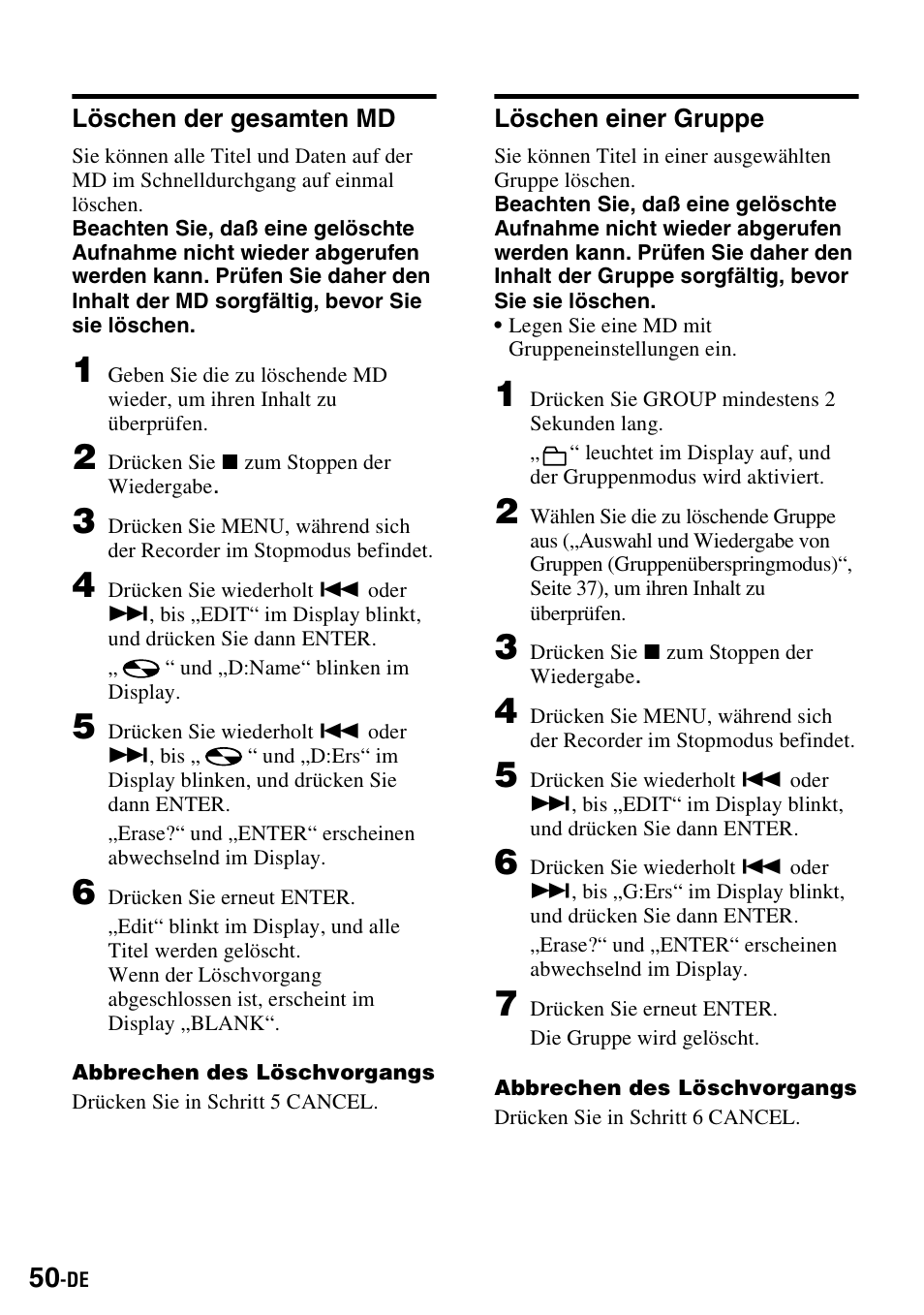 Löschen der gesamten md, Löschen einer gruppe, Löschen der gesamten md löschen einer gruppe | Sony MZ-S1 User Manual | Page 50 / 220