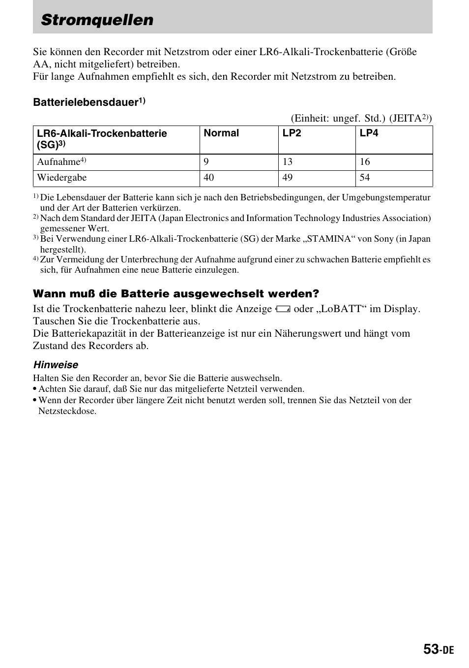 Stromquellen | Sony MZ-S1 User Manual | Page 53 / 220