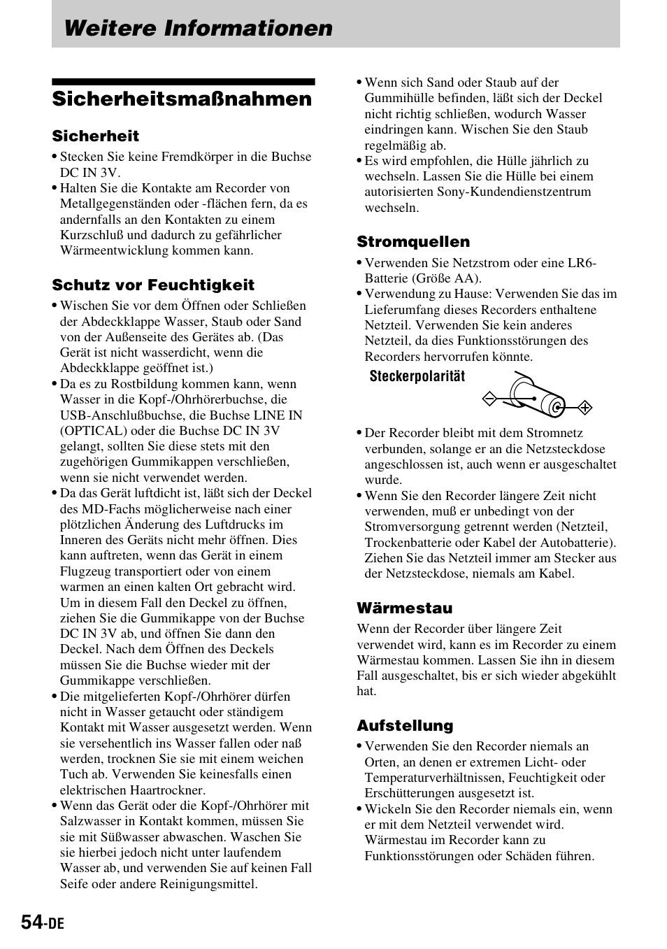 Weitere informationen, Sicherheitsmaßnahmen | Sony MZ-S1 User Manual | Page 54 / 220