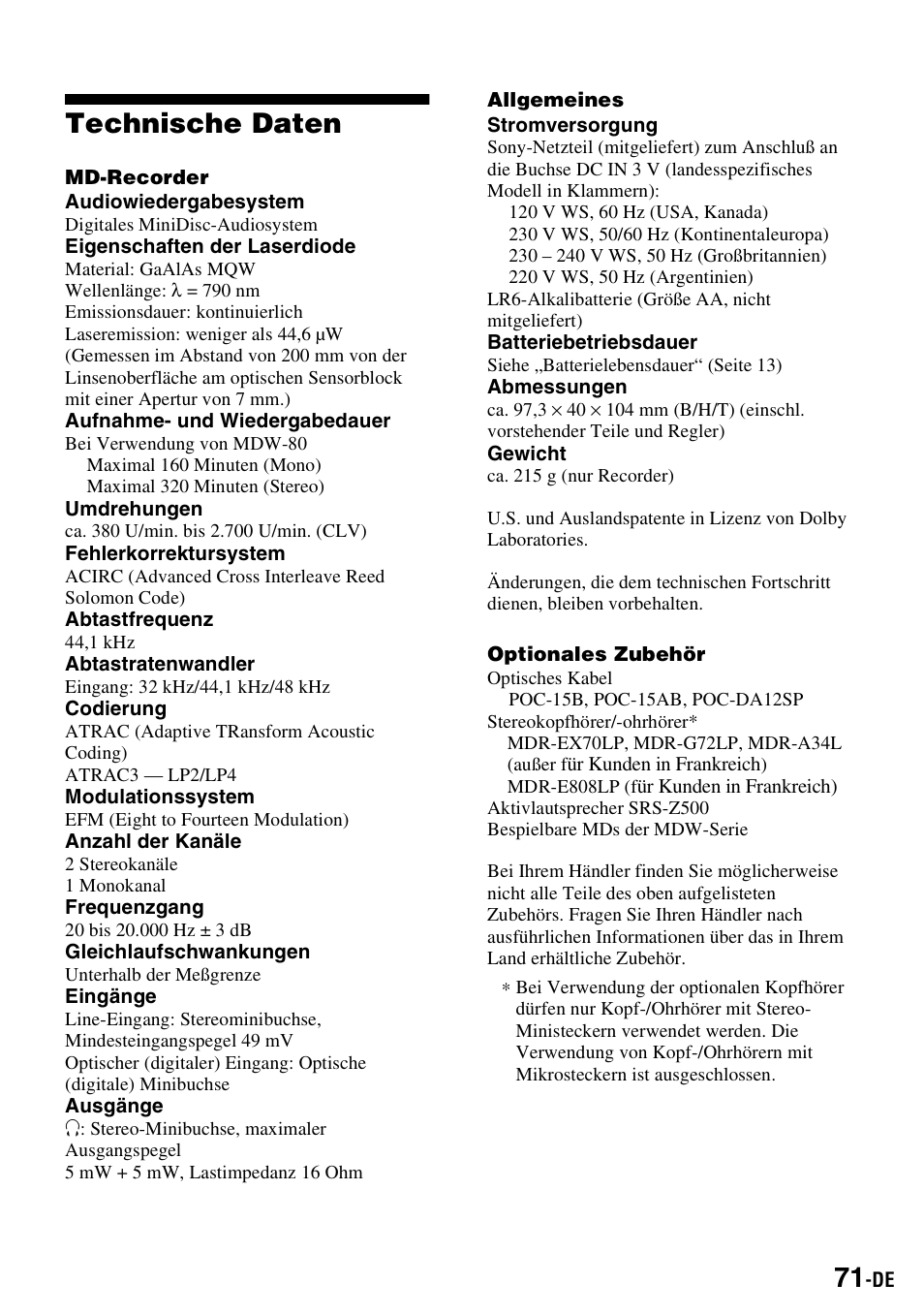 Technische daten | Sony MZ-S1 User Manual | Page 71 / 220