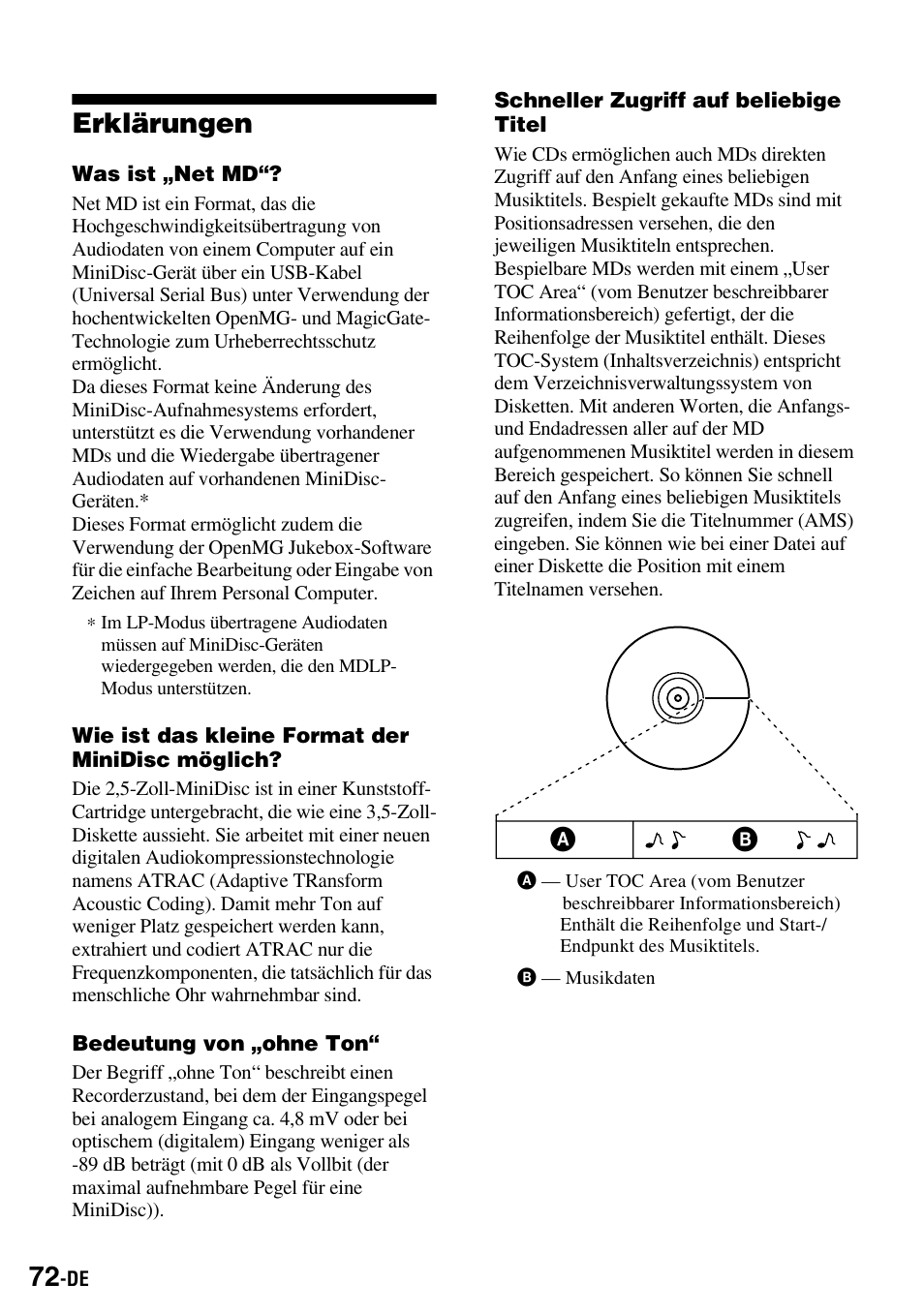Erklärungen, Eeren (seite 72), Nach leeren (seite 72) oder | Sony MZ-S1 User Manual | Page 72 / 220