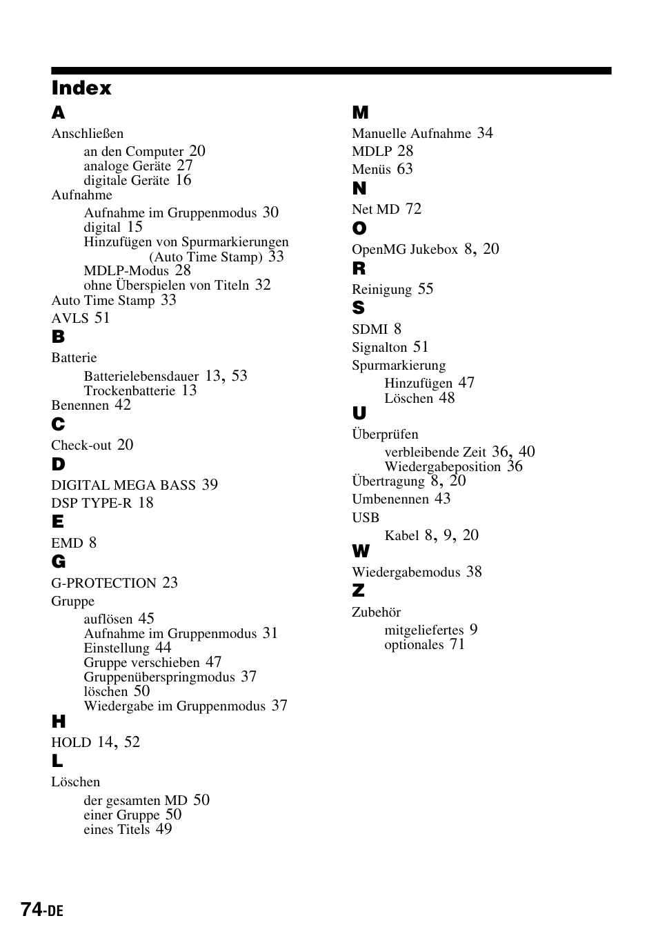 Index | Sony MZ-S1 User Manual | Page 74 / 220