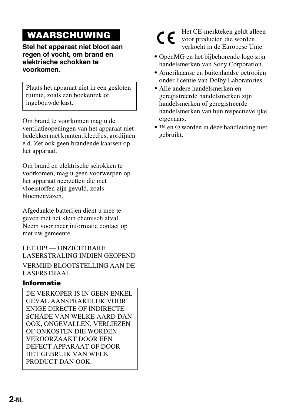 Waarschuwing | Sony MZ-S1 User Manual | Page 76 / 220