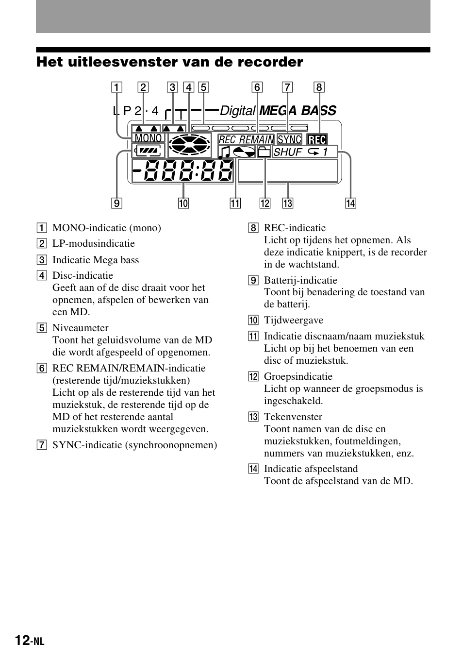 Het uitleesvenster van de recorder, Digital mega bass, L p 2 . 4 | Sony MZ-S1 User Manual | Page 86 / 220