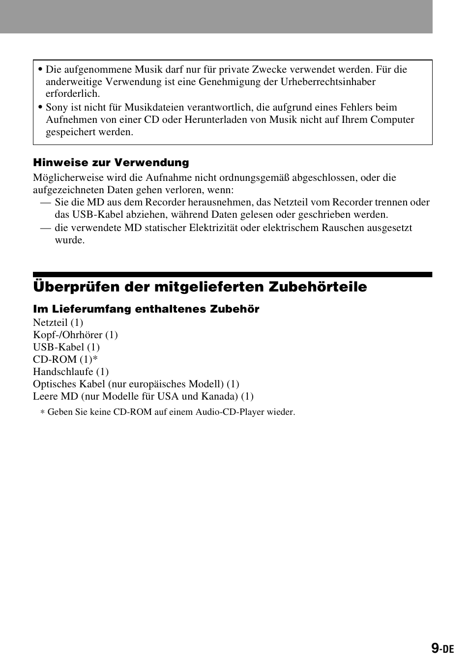 Überprüfen der mitgelieferten zubehörteile | Sony MZ-S1 User Manual | Page 9 / 220