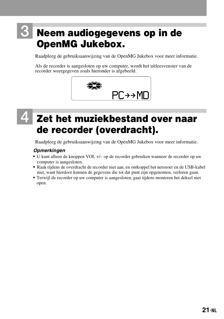 Pc md, Neem audiogegevens op in de openmg jukebox | Sony MZ-S1 User Manual | Page 95 / 220