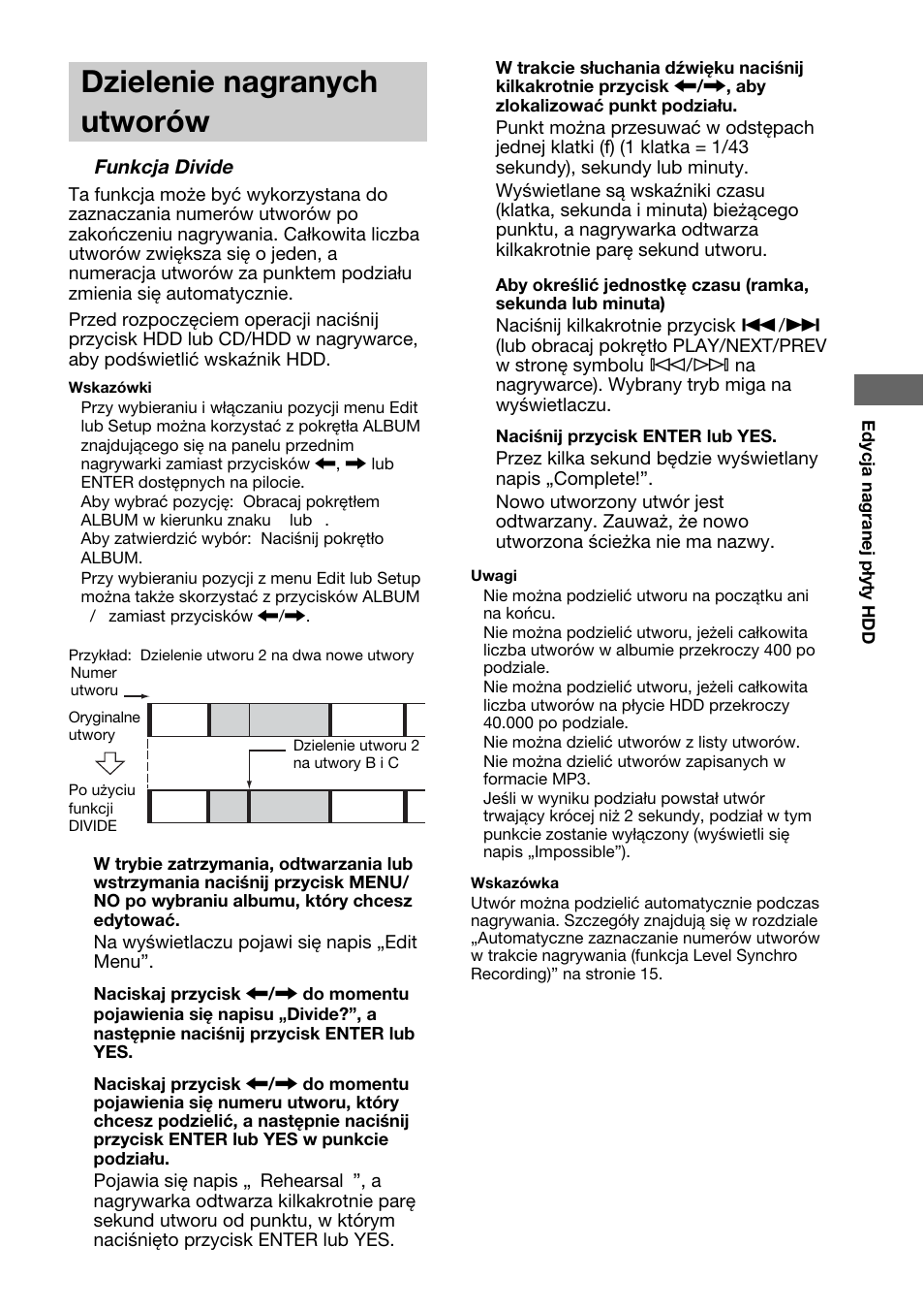 Dzielenie nagranych utworûw, Funkcja divide, Dzielenie nagranych utworów | Sony HAR-LH500 User Manual | Page 105 / 120